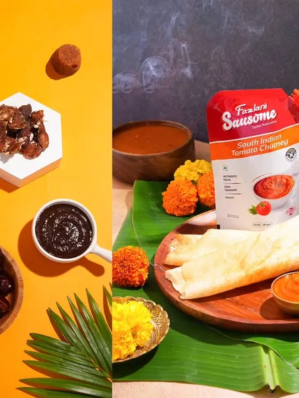 This image uses a vibrant, color-blocked background to tell a flavor story. On the left, the raw ingredients of a tamarind date chutney are deconstructed, while on the right, the final product is served with a traditional dosa.