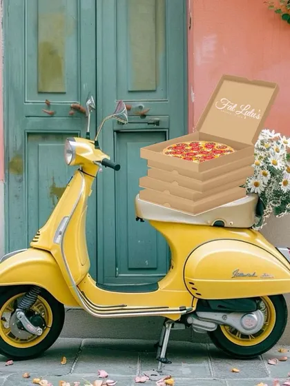 Your Italian vacation is just a delivery away. This cute illustration of a scooter delivering pizzas captures the dream. Order now!