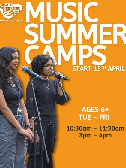 Got a singer in the family? Our camps give them the stage and the mic to shine. This poster highlights our vocal training, with convenient morning and afternoon batches running from Tuesday to Friday.