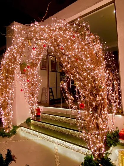 The full view of the fairy light branch arch, creating a magical and inviting entrance for diners during the festive season.