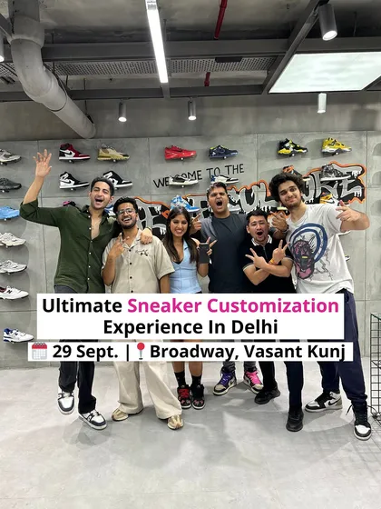 A group photo with the team and enthusiastic attendees at our Delhi sneaker customization event. The energy and community vibe are what make these live activations so successful.