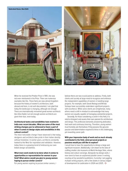 An article in Architecture + Design where Sunita Kohli discusses the evolution of architectural tastes in India and the importance of representation for women in the field. The feature showcases her work at Hyderabad House and a residence in New Delhi.