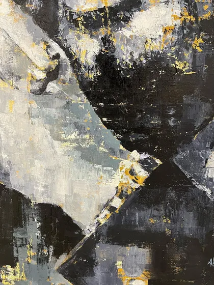 Titled 'Plato’s Discourse', this 5x4 feet portrait captures a moment of deep thought. The monochromatic palette with hints of gold leaf adds a classic, philosophical weight to the piece, inviting quiet contemplation.