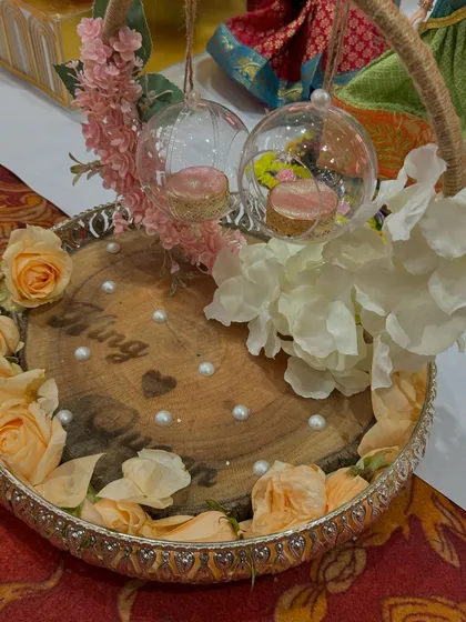 For your special moment, I design custom engagement ring platters. This rustic wooden platter with delicate flowers and personalized engraving is just one example of how we can make your ring ceremony unique.