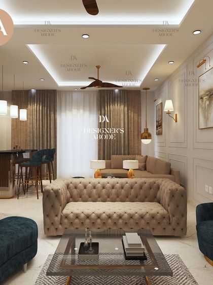 A 3D render of a home bar design for a villa in South Delhi. The design features a tufted beige sofa and elegant wall lighting, creating a sophisticated space for entertaining.
