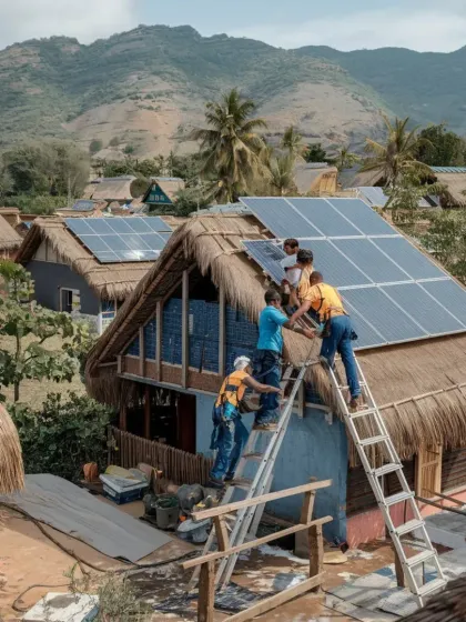 Here my team is installing solar panels on a thatched roof in a rural area. We have the expertise to work on all types of roofs, bringing clean energy to even the most remote communities.