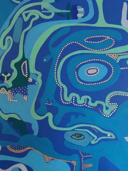 A detail of the abstract, ocean-inspired mural in our studio.