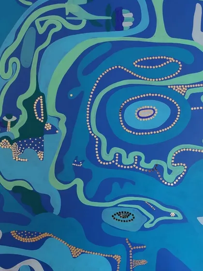A detail of the abstract, ocean-inspired mural in our studio.