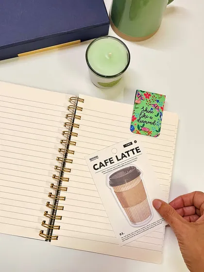 The pages of our notebooks are designed for a smooth writing experience. Here, our Sequoia notebook is paired with fun café latte sticky notes and a magnetic bookmark from the 'Matcha Mornings' set.