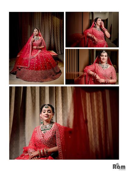 A collage of the bride's portraits against a curtained backdrop, showcasing her beauty and the rich details of her red lehenga from various angles.