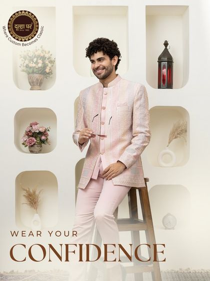 Wear your confidence. A full look of a groom in a pink striped Nehru jacket and matching kurta, seated with a confident smile.
