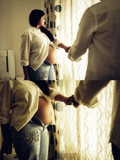 A collage capturing a "follow me" moment indoors, showing the couple's connection as they move through their home, with a focus on the baby bump.