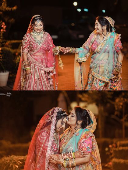 A heartwarming collage of the bride with her mother. It captures a loving kiss and a shared moment of joy, celebrating the special mother-daughter bond.