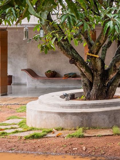 A detail of the 'katte' and the built-in seating, designed to flow around the base of a mango tree. This seamless integration of built form and nature is a core principle of my work.