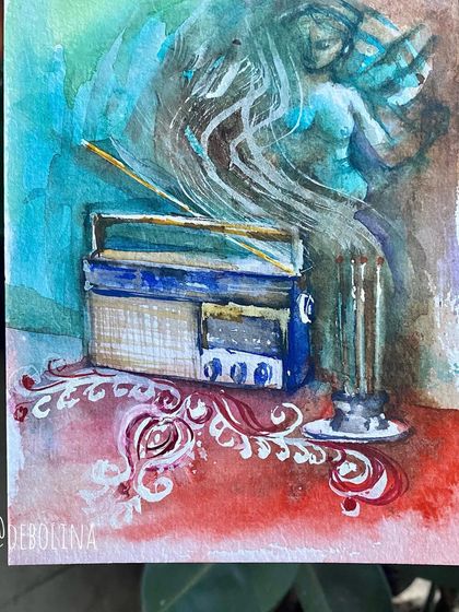 Reliving childhood memories of listening to Birendra Krishna Bhadra on the radio for Mahalaya. This watercolor illustration captures that nostalgic ritual, a core memory for any Bengali.