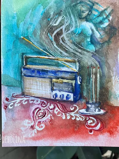 My watercolor illustration reliving the childhood memories of Shubho Mahalaya, listening to the radio in the early morning as the divine chants announce Ma Durga's arrival.