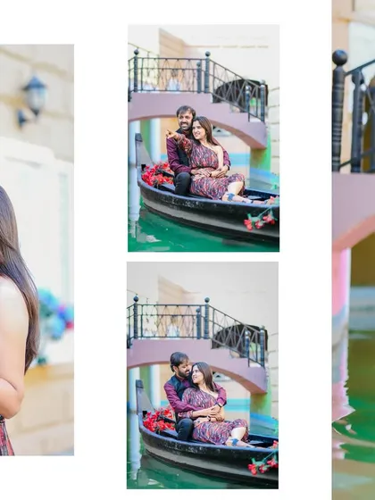 A collage combining a close-up romantic dance pose with shots of the couple in the gondola.