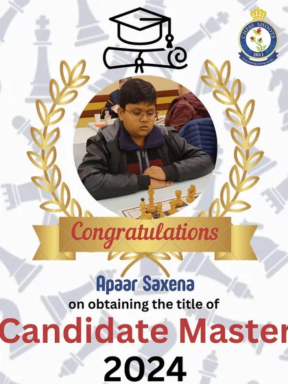 We celebrate Apaar Saxena for achieving the title of Candidate Master in 2024. A proud moment for him and our academy.