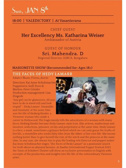 Schedule for the valedictory show on Jan 8th at the 2023 puppet festival.