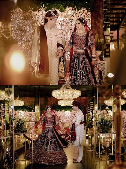 A diptych showing the couple's portrait in a hall of mirrors. The reflections and chandeliers add a sense of grandeur and elegance to their wedding photos.