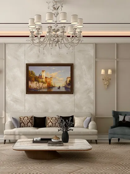 We believe in creating living rooms that are equal parts comfort and sophistication. In this space, a neutral color palette, soft textures, and a statement chandelier come together to craft an environment of timeless European inspired elegance.