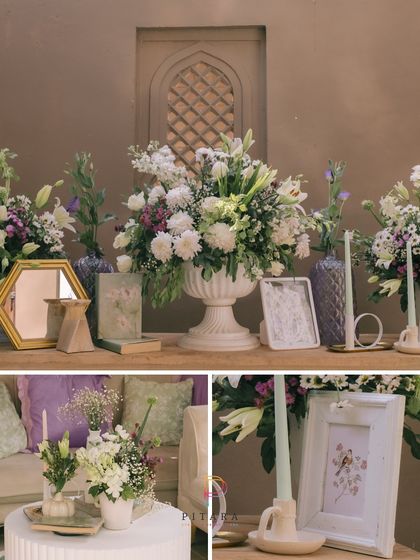 A collage showcasing the various detailed setups, from console tables with vintage mirrors to centerpieces with candles and photo frames.