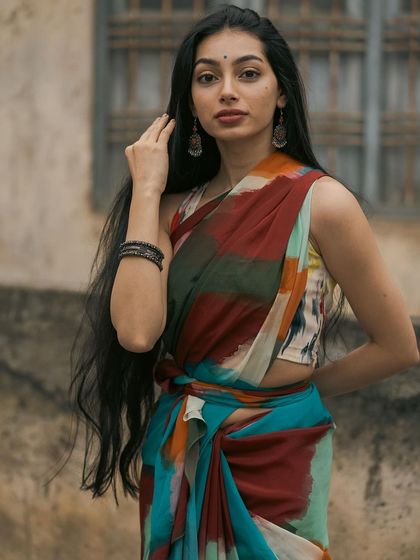 A duplicate of a multi-color saree shoot image.