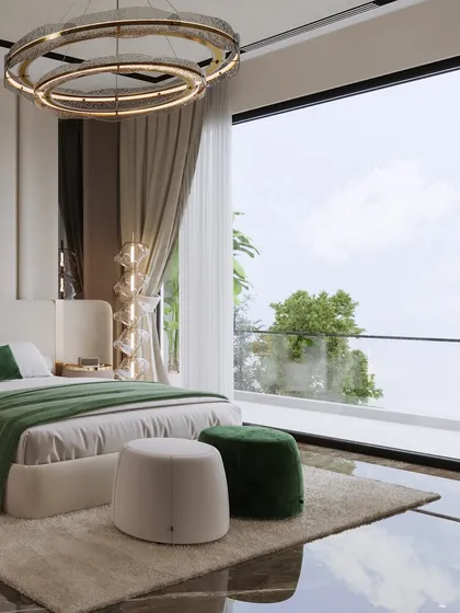 This angle showcases the stunning view from the bedroom, framed by a large window. The pop of emerald green on the bed is rendered to stand out against the neutral backdrop.