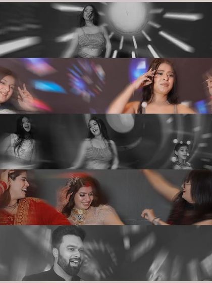 An energetic and fun collage capturing moments from the dance floor during the engagement party, showing the joy and celebration.