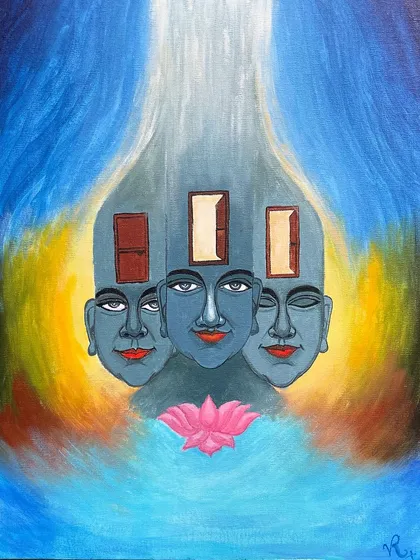 Created during an art camp in Wayanad, this painting explores the different states of consciousness and perception. The three faces with varying expressions and the open doors represent the mind's journey towards enlightenment.