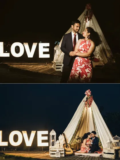 A collage of night shots, including a romantic tent setup with a large "LOVE" sign. These images showcase a cozy and intimate pre-wedding theme, perfect for a romantic evening.