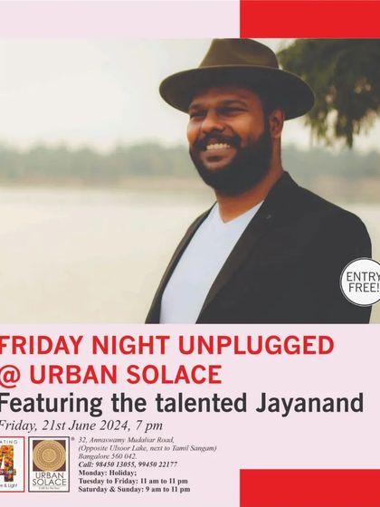 A poster for our 'Friday Night Unplugged' session featuring the talented Jayanand, in celebration of World Music Day.