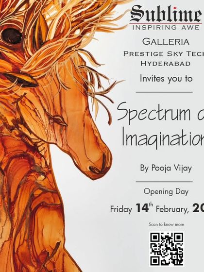 The invitation for 'Spectrum of Imagination' by Pooja Vijay, featuring a fiery, abstract horse painting.