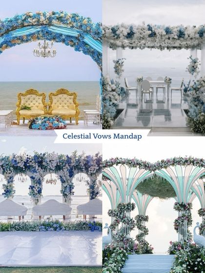 **Mandap Style: Celestial Vows Mandap.** A dreamy, ethereal style perfect for beachside weddings. We use shades of blue and white, sheer drapes, and crystal elements to mimic the sky and sea.