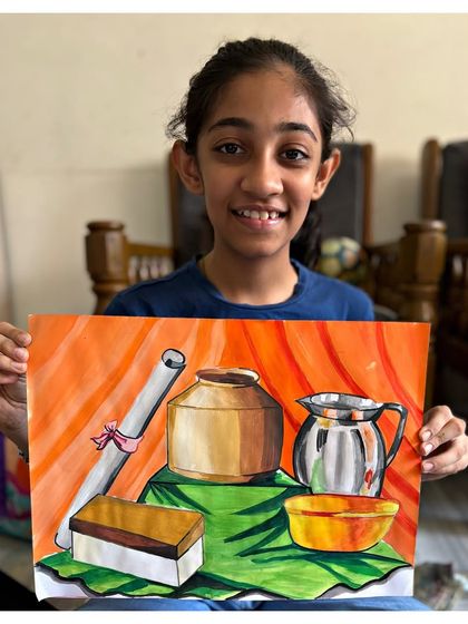 The student with her beautifully rendered still life painting, a testament to her hard work and preparation for the grade exams.