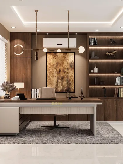 We design leadership spaces that command respect. This 3D visualization of a boss cabin for an upcoming CA office project shows our approach to modern executive suites, featuring sleek glass walls for transparency and a custom-designed desk that combines luxury with practical storage.