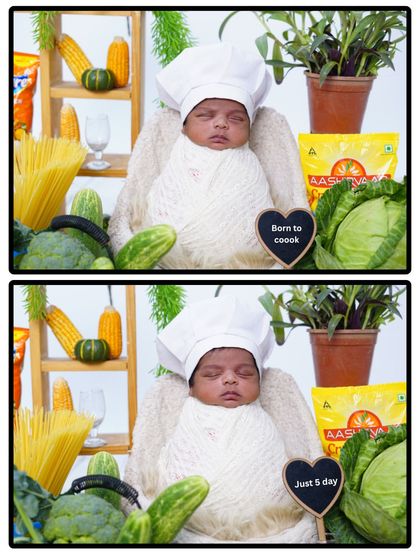 A collage of the tiny chef, showing different angles and the cute chalkboard signs like "Born to cook" and "Just 5 days."