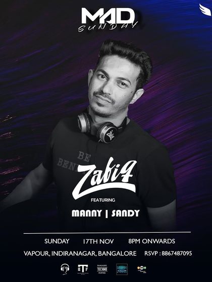 A "Mad Sunday" flyer from Vapour featuring the full lineup of resident DJs. We work as a team to create an amazing experience.