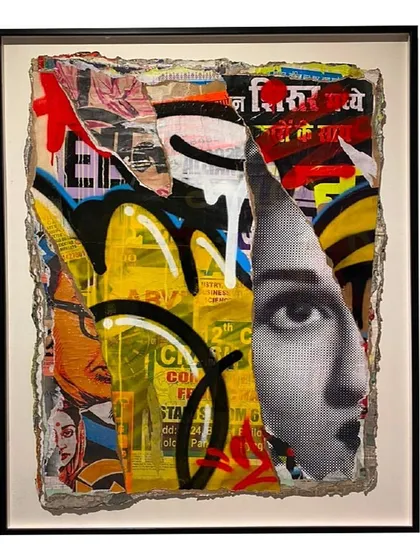 A finished décollage piece, framed and ready for a gallery or a private collection. I layer found street posters with my own graffiti and imagery, creating a textured canvas that brings the city wall indoors.