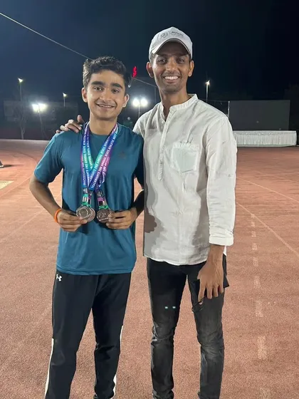 The journey from a three-year medal drought to a multi-medal winner is a testament to Yuv Vora's resilience. Here he is with his coach, celebrating his silver and bronze medals from TrackNights and the Mumbai Suburban Men's Selection Trials.