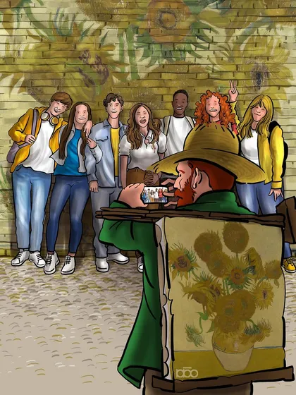 A bittersweet commentary on fame. Vincent, unrecognized, uses his phone to take a picture of a group of young people posing in front of a mural of his "Sunflowers," highlighting the paradox of his art being famous while the artist himself remains invisible.