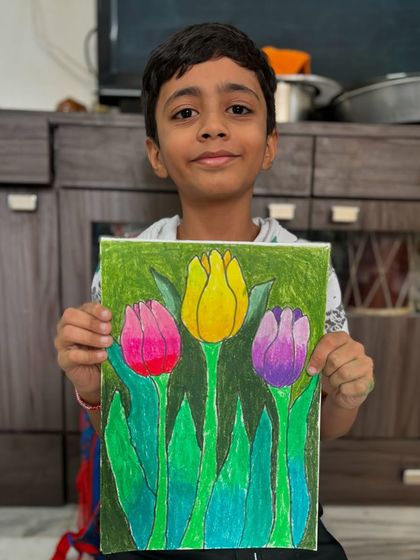 This beautiful tulip drawing by a 3rd-grade student showcases their growing skills in composition and colouring. My classes offer a world of creative techniques to spark the artist within.