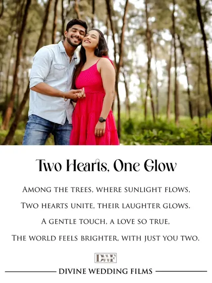A quiet moment of joy between two hearts, set against a lush forest backdrop. This pre-wedding photograph, titled "Two Hearts, One Glow," is all about capturing the pure, unfiltered love that shines brightest when you are together.