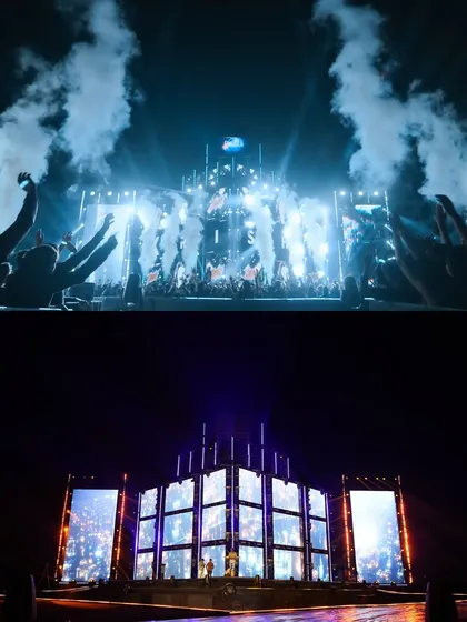 A dramatic before-and-after of the 'Saiyaara' concert stage. The bottom image shows the unlit structure, which comes alive with light, smoke, and LED content in the final shot.