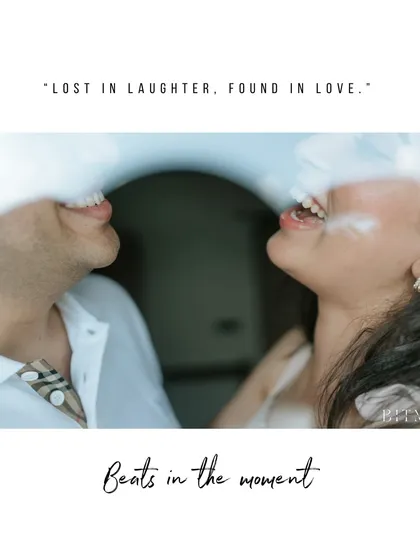 "Lost in laughter, found in love." This creative shot captures the sound of laughter more than the image, focusing on their smiling faces in a beautifully artistic way.