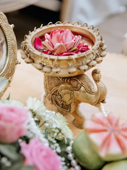 Another view of the beautiful brass elephant urli, a key element in our traditional decor setups.