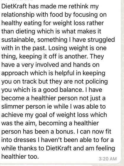 This client testimonial emphasizes how my approach helped them rethink their relationship with food, focusing on sustainable healthy eating rather than restrictive dieting.