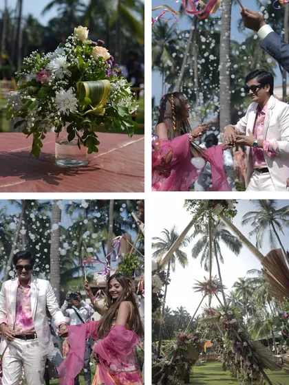 A collage capturing the fun of a tropical 'Romp & Romance' carnival. It shows the couple's energetic entry, decor details, and the overall lively vibe of the celebration.