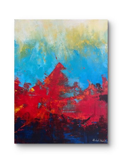 A piece from my 'Rise' series, this abstract painting contrasts fiery red against a serene blue and yellow sky. The bold, textured strokes create a sense of upward movement and raw energy, perfect for a modern interior.