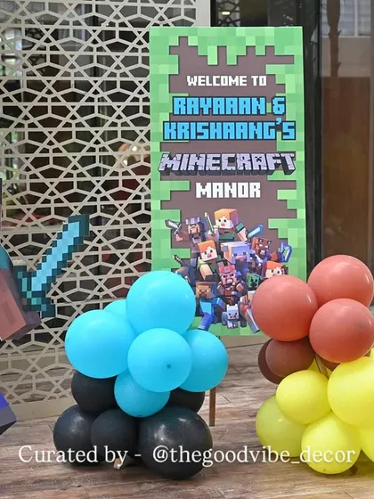 A welcome sign and character cutout for the "Minecraft Manor" birthday party. We ensure every detail, from the entrance to the main stage, fits the chosen theme perfectly.